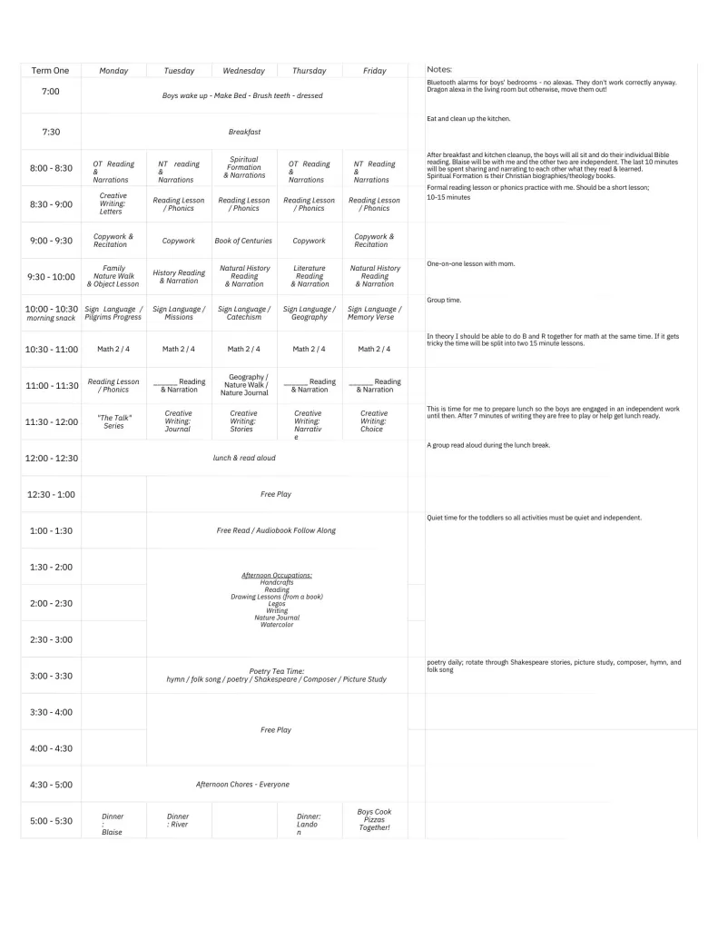 image of mock Charlotte Mason Timetable