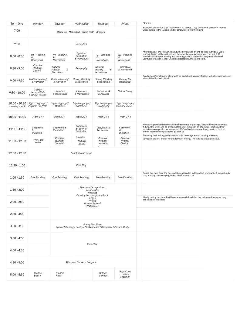 image of mock Charlotte Mason timetable