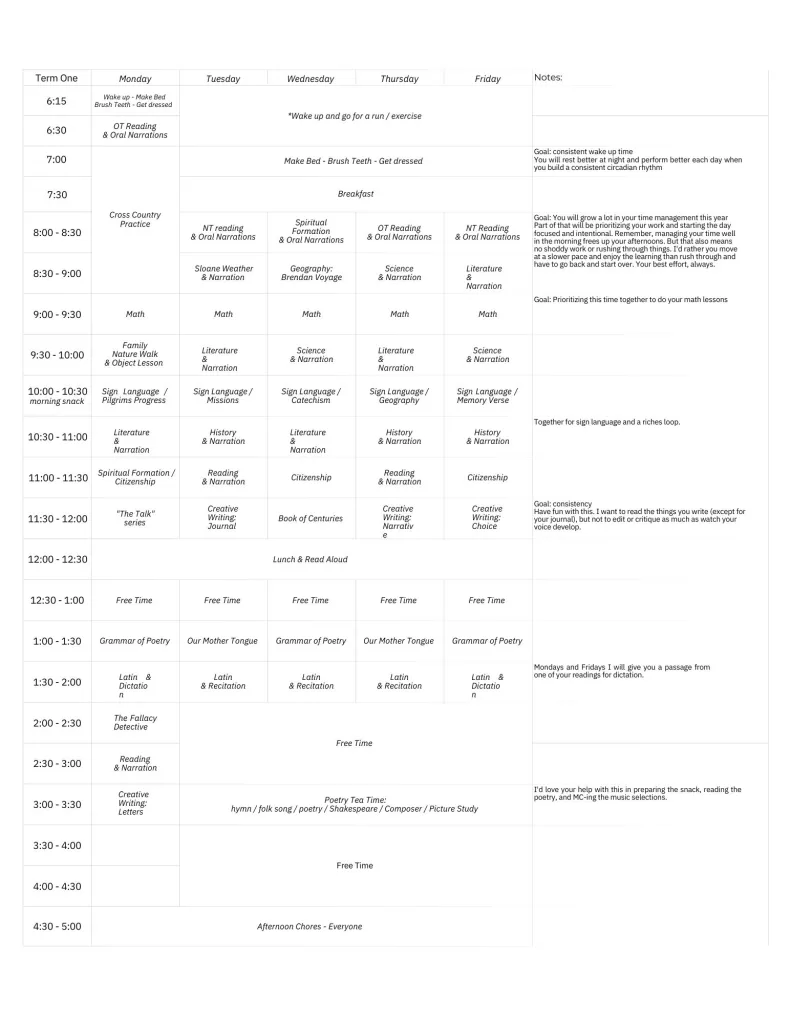 Year Seven image of mock Charlotte Mason timetable