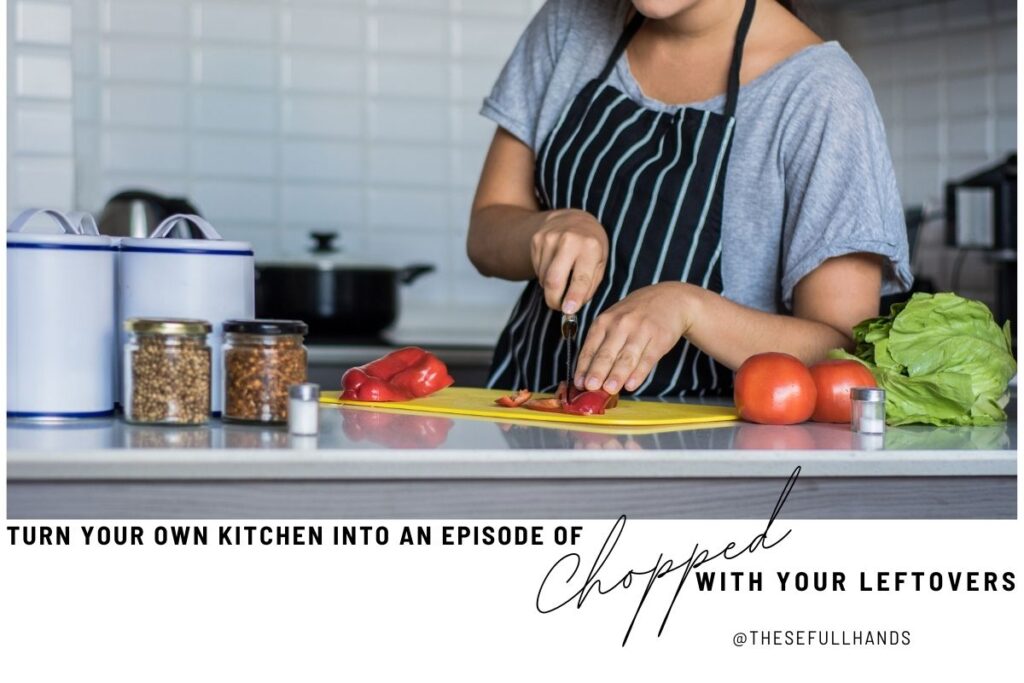 woman slicing peppers on a cutting board on a counter with other ingredients