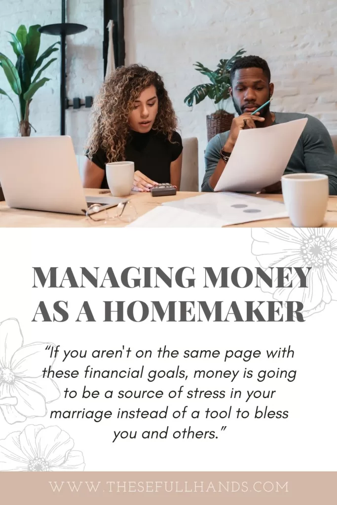 Pinterest Pin of husband and wife going over finances and title Managing Money as a Homemaker