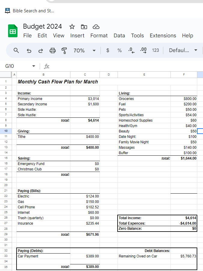 mock budget in a google sheets spreadsheet