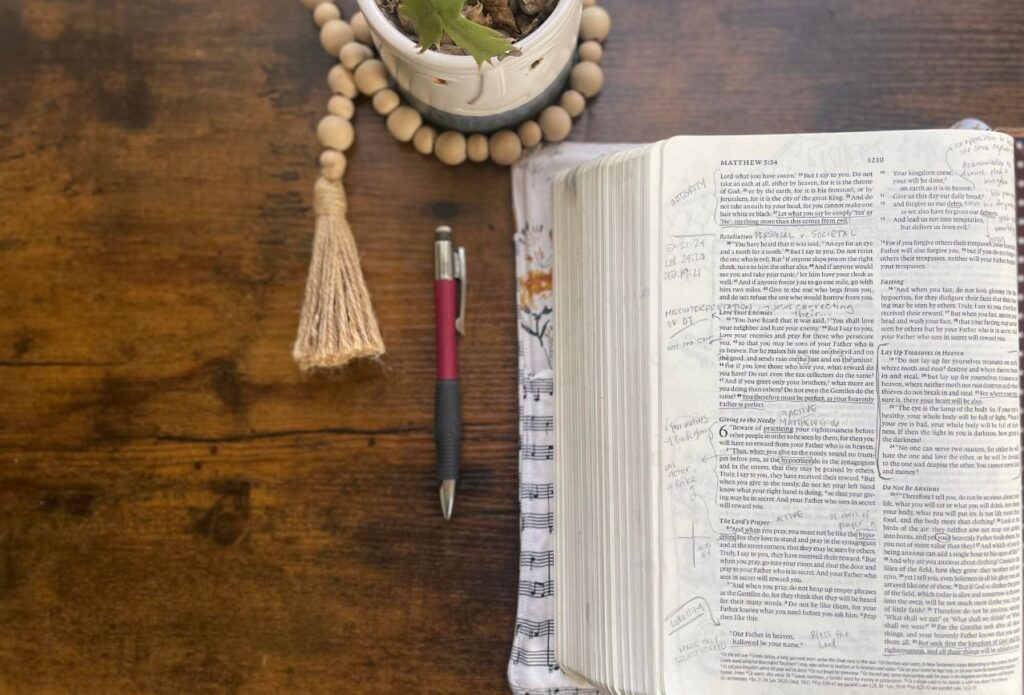 open bible, pencil, and small plant with beads