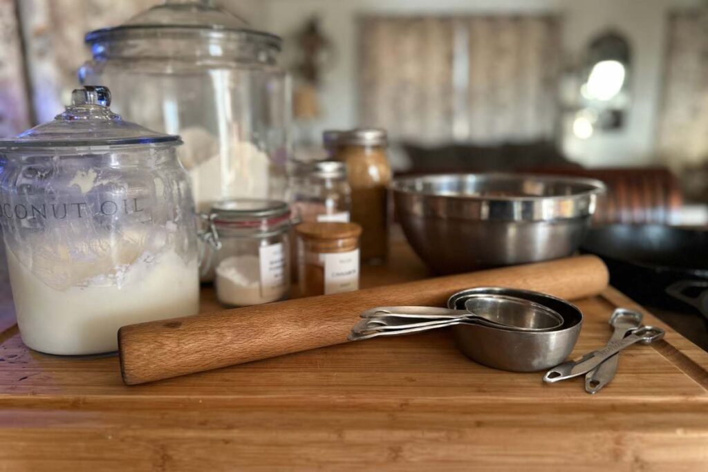 front view of ingredients and utensils for baking quick and easy cinnamon rolls