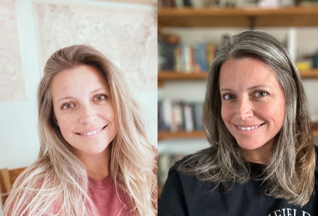 side-by-side of girl going from processed blonde hair to natural grey hair money saving tip for single income families